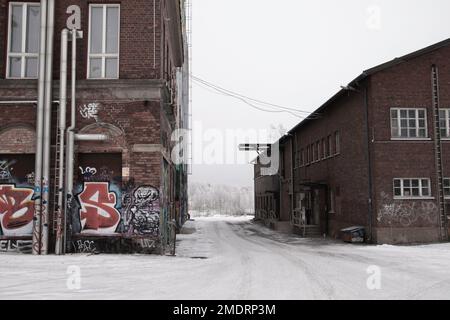 Fotoshooting in einer alten Fabrik, Graffiti-Kunstmauern, alten Industriebauten und eiskaltem Winterwetter. Schnee auf dem Boden Stockfoto