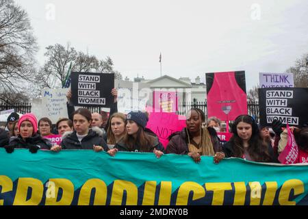 22. Januar 2023, Washington, DC, USA. Am 50. Jahrestag von Roe gegen Wade trafen sich die Befürworter der Wahlfreiheit auf der Freedom Plaza in Washington, DC, USA, um sowohl die verfassungsmäßigen Rechte zu betrauern, die durch die jüngsten Urteile des Obersten Gerichtshofs verloren gegangen sind, als auch um die Zwischenwahlen. Trotz des Regens waren Demonstranten von Lebenskünstlern sowohl am Treffpunkt als auch auf dem marschweg zum Weißen Haus. (Foto: Robyn Stevens Brody/Sipa USA) Stockfoto