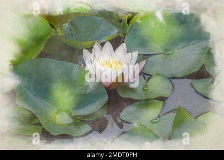 Ein digitales Aquarellgemälde einer weißen Wasserlilie unter grünen Lilienpolstern. Stockfoto