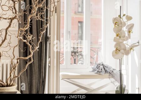 Dekoratives Detail eines Wohnzimmers neben einem Erkerfenster mit weißen Fenstern Stockfoto