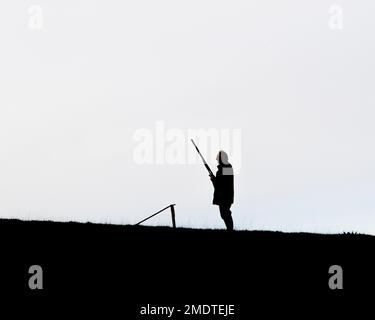 Silhouette eines Mannes mit Schrotflinte, der Fasane schießt Stockfoto
