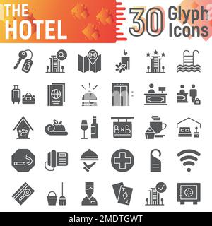 Hotel-Glyphe-Symbolsatz, Service-Symbolsammlung, Vektorskizzen, Logo-Illustrationen, Hostel-Schilder solide Piktogramme Paket isoliert auf weißem Hintergrund, 10. Stock Vektor