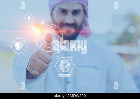 Ein arabischer Mann ist mit der Fingerscan-Technologie für das persönliche Datensicherheitssystem zufrieden Stockfoto