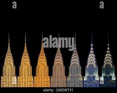 Chrysler Building West (Lexington Ave.) Fassade, 7:40-8:54pm, 25. Juli 2015 von Norden (W42. St.) Stufen der NY Public Library – Pre-One Vanderbilt. Stockfoto