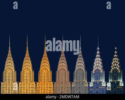 Chrysler Building West (Lexington Ave.) Fassade, 7:40-8:54pm, 25. Juli 2015 von Norden (W42. St.) Stufen der NY Public Library – Pre-One Vanderbilt. Stockfoto