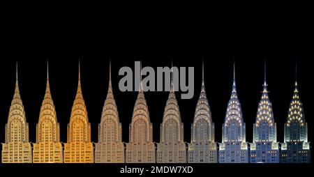 Chrysler Building West (Lexington Ave.) Fassade, 7:40-8:54pm, 25. Juli 2015 von Norden (W42. St.) Stufen der NY Public Library – Pre-One Vanderbilt. Stockfoto