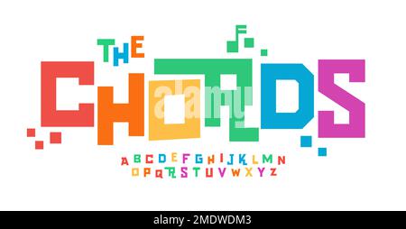 Kinderfarbenes Alphabet, verspielte geometrische Buchstaben, Puzzles Quests Schriftart für einzigartiges grooviges Logo, Spiel- und Spielzeugüberschrift, Geburtstagskarte und Grußkarte Stock Vektor