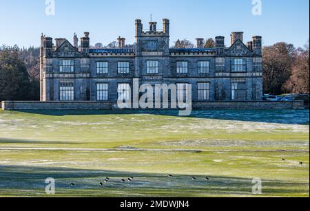 Austernwälder (Haematopus ostralegus) auf einem frostbedeckten Rasen vor dem gotischen Herrensitz, Dalmeny House, Schottland, Großbritannien Stockfoto
