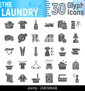 Wäschesymbolset, Sammlung sauberer Symbole, Vektorskizzen, Logo-Illustrationen, Waschschilder feste Piktogramme, isoliert auf weißem Hintergrund, eps 10. Stock Vektor
