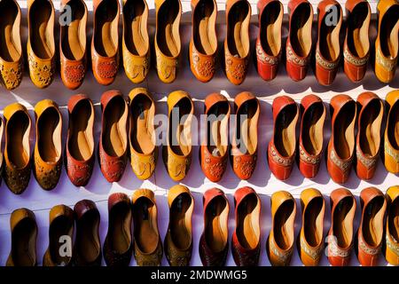 Bunte handgemachte Chappalls (Sandalen), die auf einem indischen Markt verkauft werden, handgefertigte Lederschuhe, traditionelle Schuhe. Stockfoto