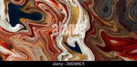 Hintergrundmaterial mit Marmormuster und luxuriöser Atmosphäre in Rot, Blau, Weiß und Gold. Fließende Marmorkunstkulisse. Abstrakte Lavatextur Stockfoto