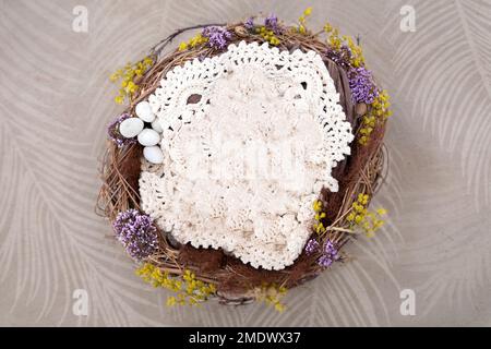 Digitale Fotografie für Neugeborene mit einem Zweignest, Häkelfüttern und Eiern. Stockfoto