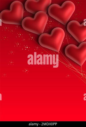 Bannervorlage für Valentinskarte mit roten Herzen, Ballons und Glitzer. Stockfoto