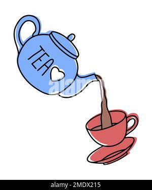 Teekanne, die Tee in eine Teetasse gießt, Abbildung Stock Vektor