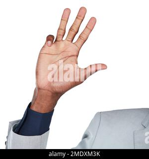 Handgeste, Handfläche und Mockup mit einem Business-Schwarzen im Studio isoliert auf weißem Hintergrund, um eine Zahl zu zeichnen. Emoji, Ikone und Unterschrift mit einem Mann Stockfoto