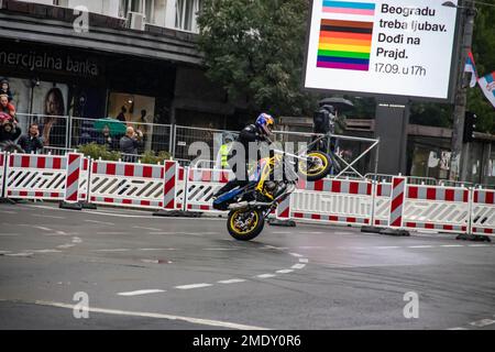 Attraktiver Motorradfahrer mit der Marke Red Bull auf seinem Motorrad, der auf den Straßen von Belgrad, Serbien, auftritt Stockfoto