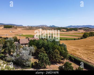 Luftaufnahme der landwirtschaftlichen Felder im Sommer. Burgos, Castilla Leon. Draufsicht der Drohne Stockfoto