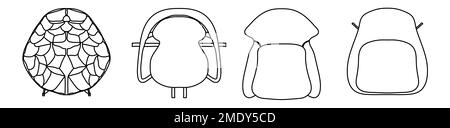 Konzeption oder konzeptionelles Set oder Sammlung von auf Weiß isolierten Sesseln aus verschiedenen Perspektiven. 3D-Darstellung als Metahor für Architektur und Stockfoto