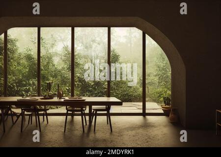 Moderne spanische Küche mit Blick auf die Dschungellandschaft im Frühling Stockfoto