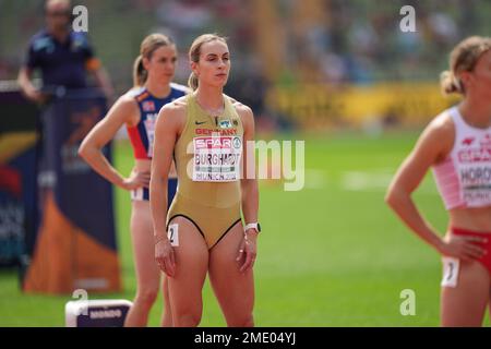 Alexandra Burghardt nimmt an den 200 Metern bei den europäischen Leichtathletikmeisterschaften 2022 in München Teil. Stockfoto