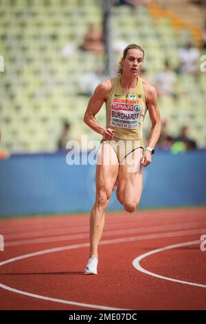 Alexandra Burghardt nimmt an den 200 Metern bei den europäischen Leichtathletikmeisterschaften 2022 in München Teil. Stockfoto