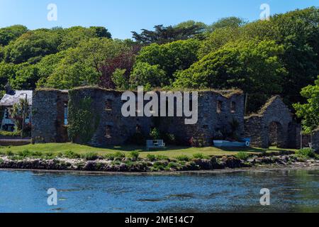 Die Ruinen des Steinkornlagers am Ufer der Clonakilty Bay, Frühling. Irische Landschaft. Die Ruinen von Arundel Grain Store in der Nähe von Clonakilty. Stockfoto