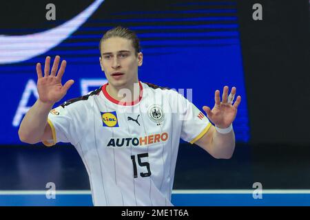 Kattowitz, Polen. 23. Januar 2023. Handball: Weltmeisterschaft, Deutschland - Norwegen, Hauptrunde, Gruppe 3, Spieltag 3 bei Spodek, Deutschlands Juri Knorr gesticulates. Kredit: Jan Woitas/dpa/Alamy Live News Stockfoto