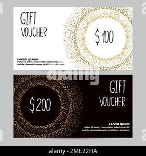 Geschenkgutscheinvorlage in Gold, Schwarz und Weiß. Designkonzept für Geschenkgutschein, Gutschein, Flyer, Einladung, Banner. Vektordarstellung. Stock Vektor