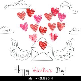 Design der Valentinskarte. Fliegender Umschlag mit Herzen. Romantische E-Mail-Vektordarstellung. Stock Vektor
