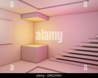 Minimalistischer Raum mit rechteckigen Formen. Digitale Illustration, 3D-Rendering. Stockfoto