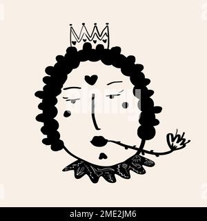 Schlichtes, flaches Design mit schwarzem Tintenalphabet Q und Königin, die die Blume im Mund hält Stockfoto