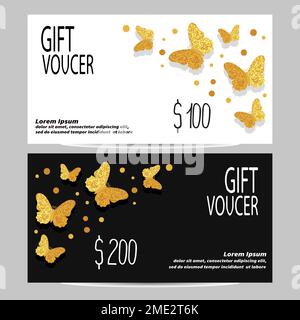 Geschenkgutscheinvorlage mit wunderschönen goldenen, glitzernden Schmetterlingen. Designkonzept für Geschenkgutschein, Gutschein, Flyer, Einladung, Banner. Vektor krank Stock Vektor