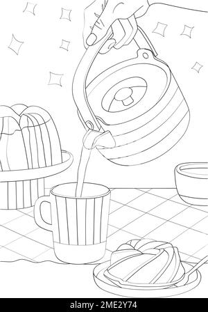 Stillleben aus Teekanne, Tasse, Kuchen. Vektorfarbe Anti-Stress Stock Vektor