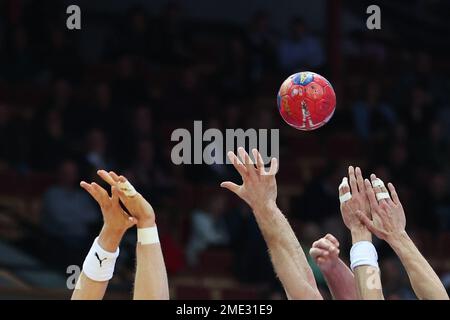 Kattowitz, Polen. 23. Januar 2023. Handball: Weltmeisterschaft, Deutschland - Norwegen, Hauptrunde, Gruppe 3, Spieltag 3 bei Spodek, deutsche Spieler in Aktion. Kredit: Jan Woitas/dpa/Alamy Live News Stockfoto