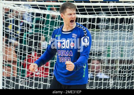 Kattowitz, Polen. 23. Januar 2023. Handball: Weltmeisterschaft, Deutschland - Norwegen, Hauptrunde, Gruppe 3, Spieltag 3 bei Spodek reagiert Norwegens Torbjörn Bergerud. Kredit: Jan Woitas/dpa/Alamy Live News Stockfoto