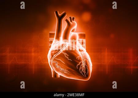 3D-Rendering-Illustration des menschlichen Herzens mit Kopierbereich und rotem Hintergrund. Herz-Kreislauf-System, Anatomie, Medizin und Gesundheitswesen, Biologie, Medizin, S Stockfoto