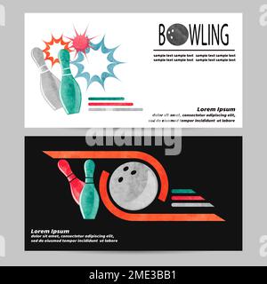 Poster-, Flyer- oder Bannerdesign für Bowlingvektoren. Aquarelle farbenfrohe Darstellung von Bowlingstiften und -Kugeln. Stock Vektor