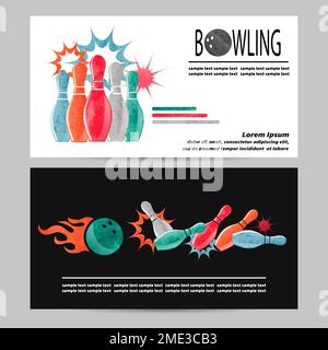 Poster-, Flyer- oder Bannerdesign für Bowlingvektoren. Aquarelle Bowlingstifte und -Kugeln Abbildung. Stock Vektor