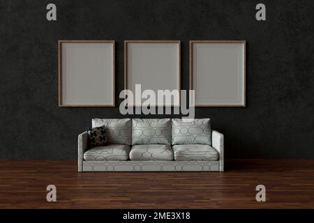 Dreidimensionales Rendering eines weißen Sofas mit leeren Bilderrahmen dahinter Stockfoto