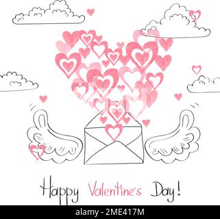 Design der Valentinskarte. Fliegender Umschlag mit wasserfarbenen Herzen. Romantische E-Mail-Vektordarstellung. Stock Vektor