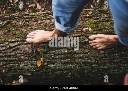 Ein Mann, der auf einem Holzstamm läuft Stockfoto