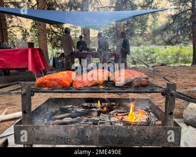 Barbecue auf dem Campingplatz am Middle Fork Salmon River in Idaho mit Far and Away Adventures. Stockfoto