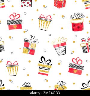 Nahtloses Vektormuster, rote und goldene Geschenkboxen auf weißem Hintergrund. Stock Vektor