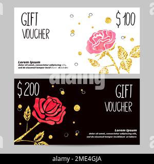 Geschenkgutscheinvorlage mit wunderschönen Aquarellrosen. Designkonzept für Geschenkgutschein, Gutschein, Flyer, Einladung, Banner. Vektordarstellung. Stock Vektor