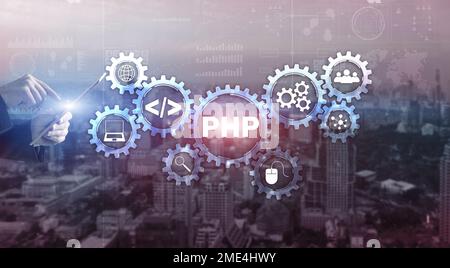 PHP-Codierungskonzept. Suche nach Programmierern. Technologiehintergrund Stockfoto