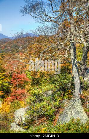 Im Herbst geht es am Raven Rock Overlook auf dem Blue Ridge Parkway in der Nähe von Blowing Rock, North Carolina, vorbei. Stockfoto