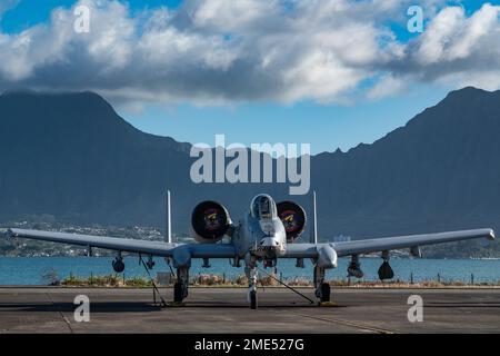 Mehr als 200 Luftwaffe und 10 A-10 Thunderbolt II Wardogs der 924. Fighter Group des 944. Fighter Wings arbeiten während der Teilnahme der Einheit an Rim of the Pacific (RIMPAC) 2022 von der Marine Corps Base Hawaii aus, 27. Juli 2022. 26 Nationen, 38 Schiffe, drei U-Boote, mehr als 170 Flugzeuge und 25.000 Mitarbeiter nehmen vom 29. Juni bis zum 4. August an RIMPAC in und um die Hawaii-Inseln und Südkalifornien Teil. RIMPAC, die weltweit größte internationale maritime Übung, bietet eine einzigartige Ausbildungsmöglichkeit und fördert und pflegt kooperative Beziehungen Stockfoto