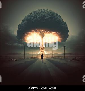 Das Ende der Atomexplosion. Atomkriegskonzept. Explosion einer Atombombe. Silhouette einer Person gegen riesige Pilzwolken aus Atomen Stockfoto