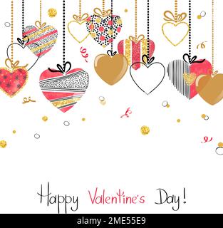 Hängende Herzen. Design der Valentinskarte. Vektordarstellung. Stock Vektor