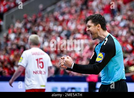 NIKLAS Landin Jacobsen (1), dänischer Torhüter MALMÖ 20230123, feiert nach einer Ersparnis während des montags stattfindenden Spiels der Handball-Weltmeisterschaft, Intermediate r Stockfoto